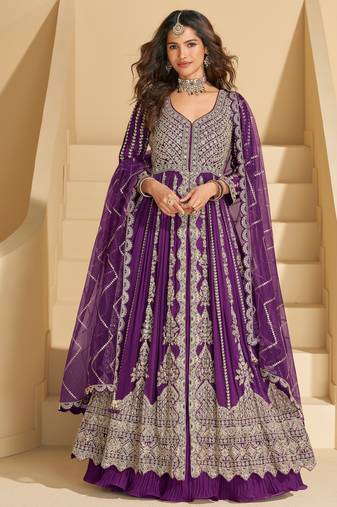 Violet embroidered chinon anarkali salwar suit