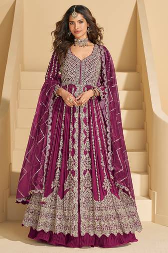 Magenta embroidered chinon anarkali salwar suit