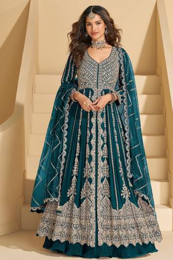 Teal embroidered chinon anarkali salwar suit