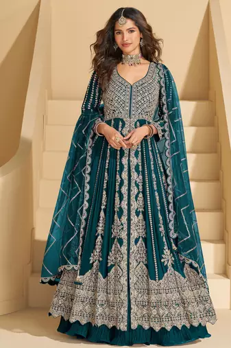 Teal embroidered chinon anarkali salwar suit