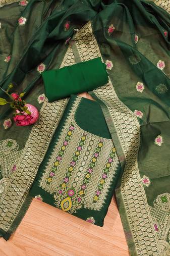 Un-stitch dress materials pure chanderi banarasi silk top soft cotton bottom and woven chanderi banarasi silk dupatta