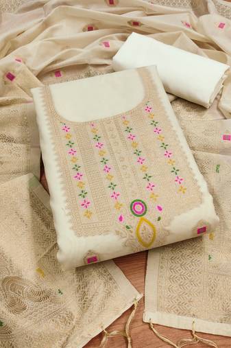 Un-stitch dress materials pure chanderi banarasi silk top soft cotton bottom and woven chanderi banarasi silk dupatta