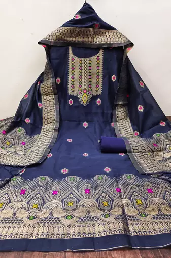 Un-stitch dress materials pure chanderi banarasi silk top soft cotton bottom and woven chanderi banarasi silk dupatta