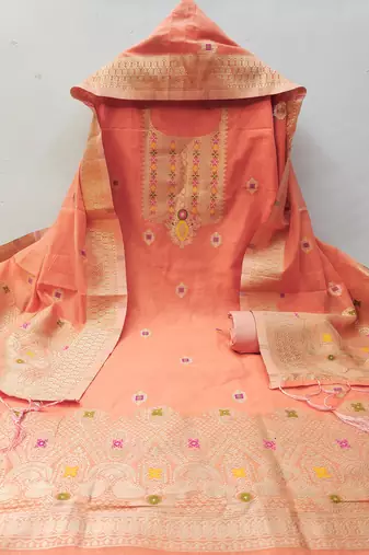 Un-stitch dress materials pure chanderi banarasi silk top soft cotton bottom and woven chanderi banarasi silk dupatta