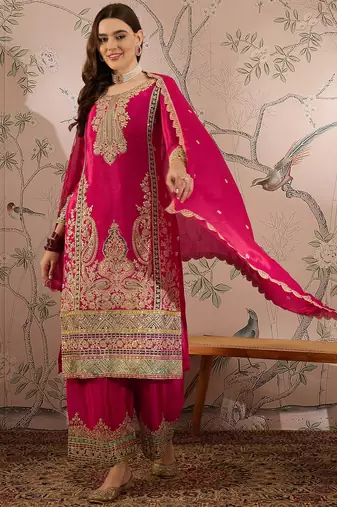 pink chinon   top with dupatta full sleeve embroidered straight top