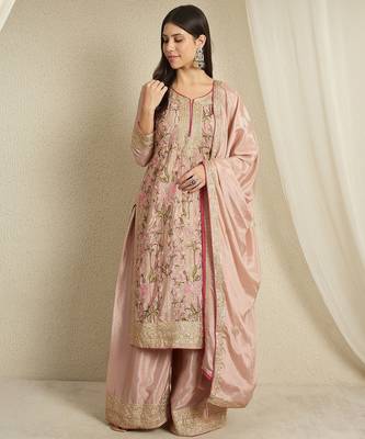 peach chinon  top with bottom and dupatta full sleeve embroidered kurta palazzo set 1