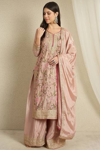 peach chinon   top with bottom and dupatta full sleeve embroidered kurta palazzo set