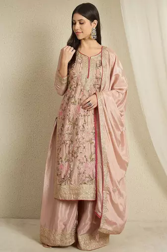 peach chinon   top with bottom and dupatta full sleeve embroidered kurta palazzo set