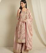 peach chinon  top with bottom and dupatta full sleeve embroidered kurta palazzo set