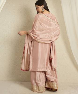peach chinon  top with bottom and dupatta full sleeve embroidered kurta palazzo set 2
