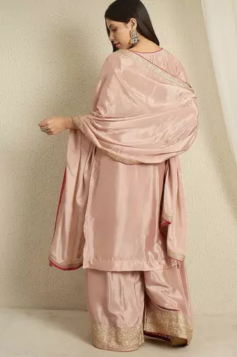 peach chinon  top with bottom and dupatta full sleeve embroidered kurta palazzo set