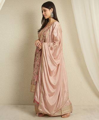 peach chinon  top with bottom and dupatta full sleeve embroidered kurta palazzo set 3
