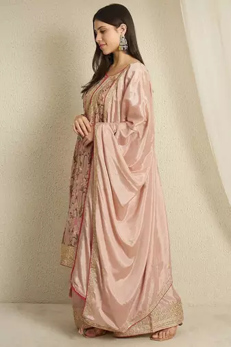 peach chinon  top with bottom and dupatta full sleeve embroidered kurta palazzo set