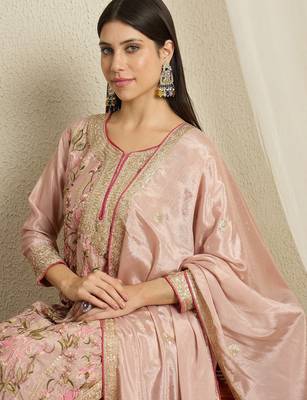 peach chinon  top with bottom and dupatta full sleeve embroidered kurta palazzo set 4
