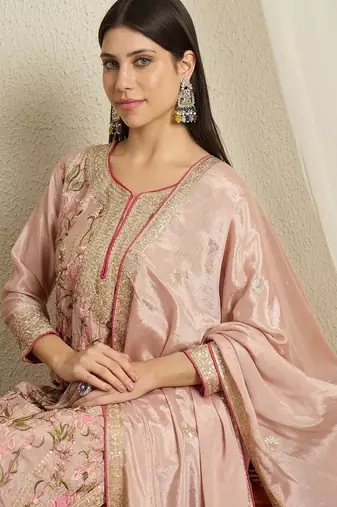 peach chinon  top with bottom and dupatta full sleeve embroidered kurta palazzo set