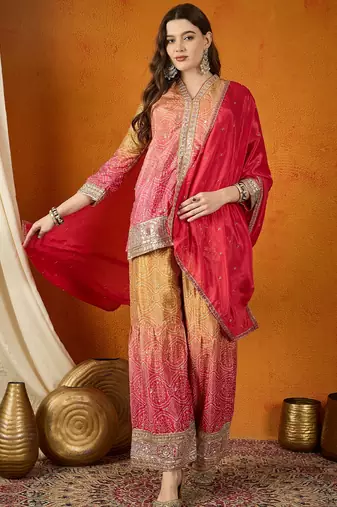 pink chinon   kurta palazzo set with dupatta full sleeve embroidered straight top