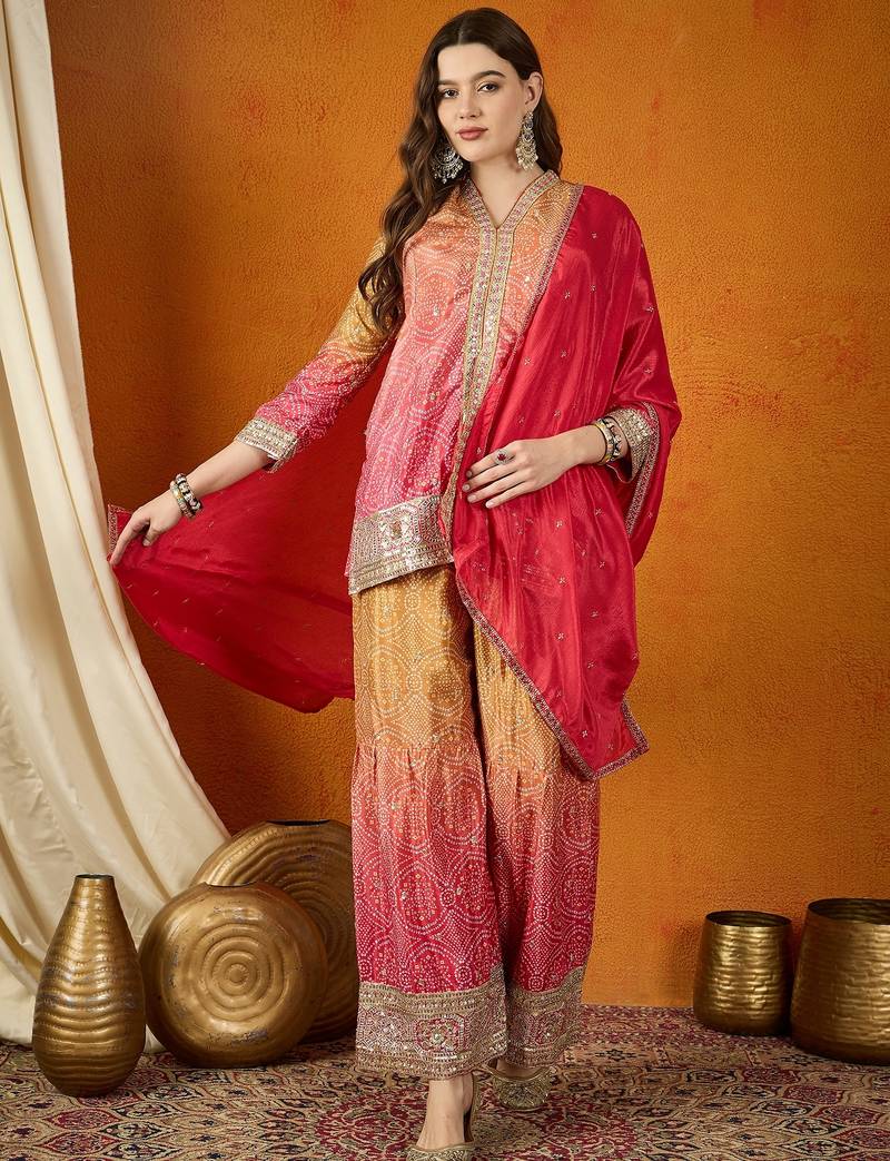 pink chinon   kurta palazzo set with dupatta full sleeve embroidered straight top