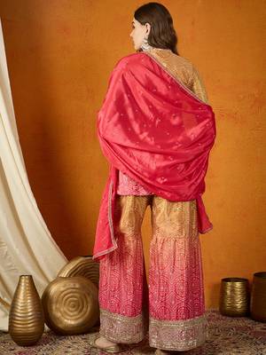 pink chinon   kurta palazzo set with dupatta full sleeve embroidered straight top 2