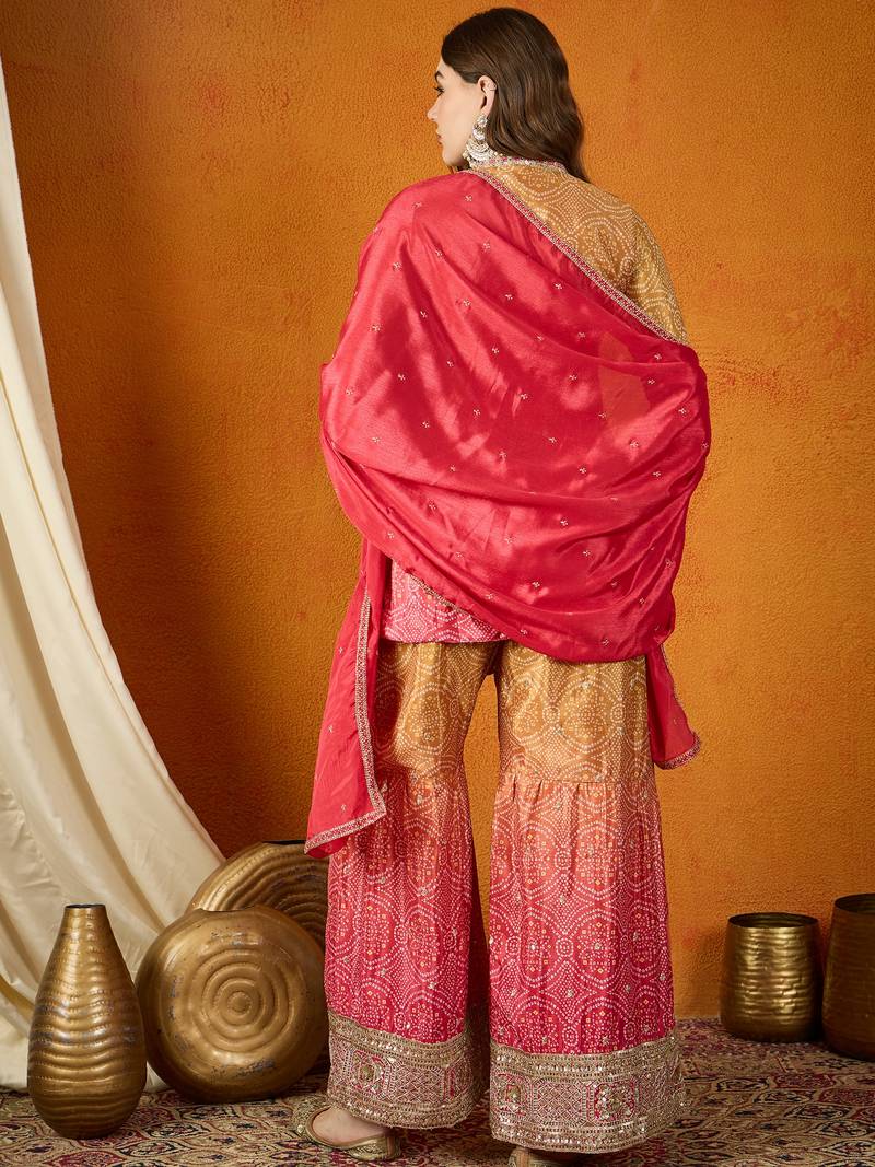 pink chinon   kurta palazzo set with dupatta full sleeve embroidered straight top