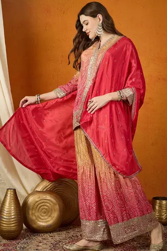 pink chinon   kurta palazzo set with dupatta full sleeve embroidered straight top