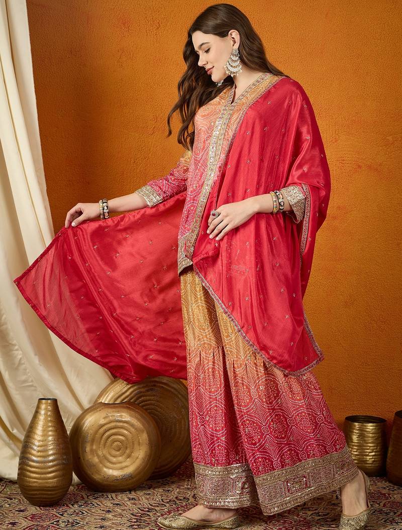 pink chinon   kurta palazzo set with dupatta full sleeve embroidered straight top