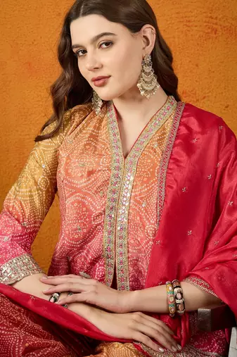 pink chinon   kurta palazzo set with dupatta full sleeve embroidered straight top