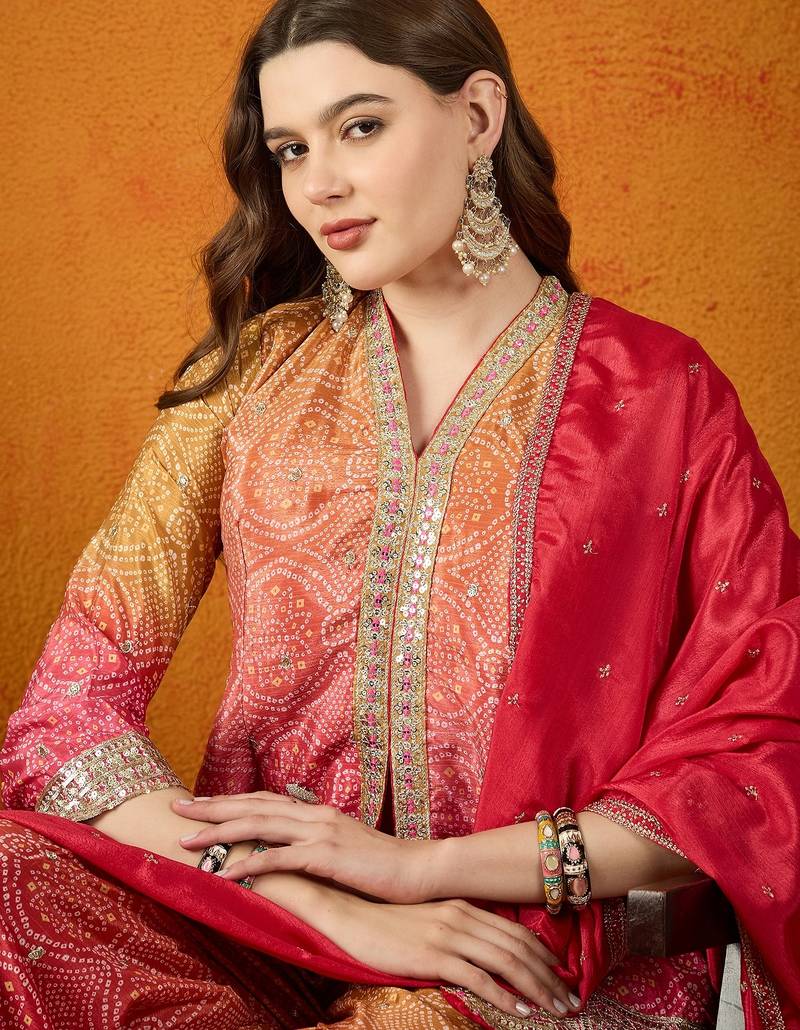 pink chinon   kurta palazzo set with dupatta full sleeve embroidered straight top