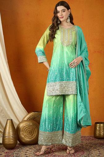 teal chinon   top with chinon dupatta 3/4 sleeve embroidered straight top