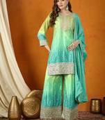 teal chinon  top with chinon dupatta 3/4 sleeve embroidered straight top