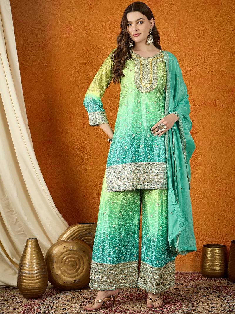 teal chinon   top with chinon dupatta 3/4 sleeve embroidered straight top