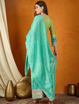 teal chinon  top with chinon dupatta 3/4 sleeve embroidered straight top 2