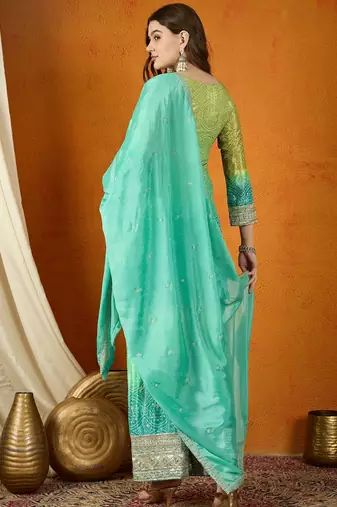 teal chinon  top with chinon dupatta 3/4 sleeve embroidered straight top