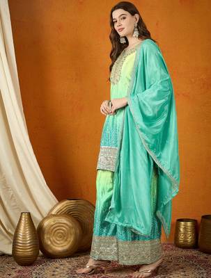 teal chinon  top with chinon dupatta 3/4 sleeve embroidered straight top 3