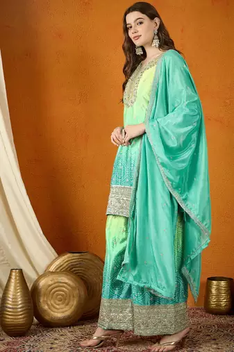 teal chinon  top with chinon dupatta 3/4 sleeve embroidered straight top