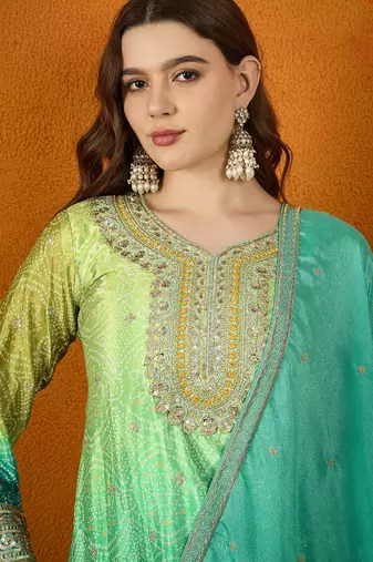 teal chinon  top with chinon dupatta 3/4 sleeve embroidered straight top