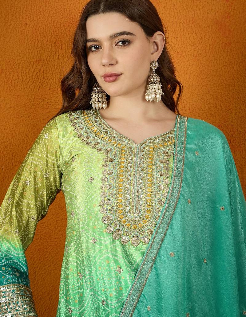 teal chinon   top with chinon dupatta 3/4 sleeve embroidered straight top