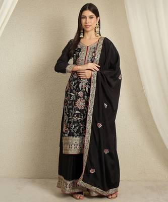 black chinon  top with bottom and dupatta full sleeve embroidered kurta palazzo set 1