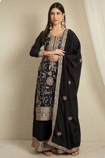 black chinon   top with bottom and dupatta full sleeve embroidered kurta palazzo set