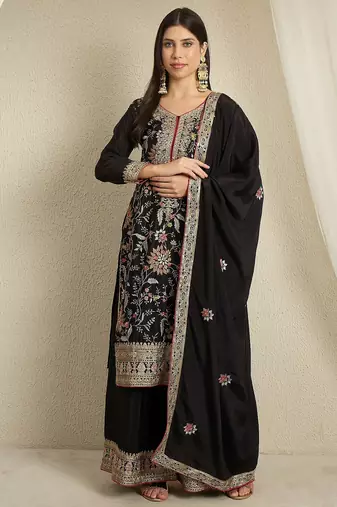 black chinon  top with bottom and dupatta full sleeve embroidered kurta palazzo set