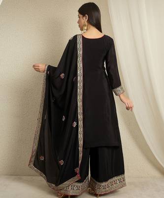 black chinon  top with bottom and dupatta full sleeve embroidered kurta palazzo set 2