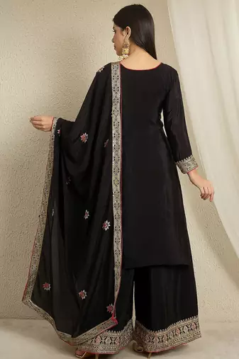 black chinon  top with bottom and dupatta full sleeve embroidered kurta palazzo set