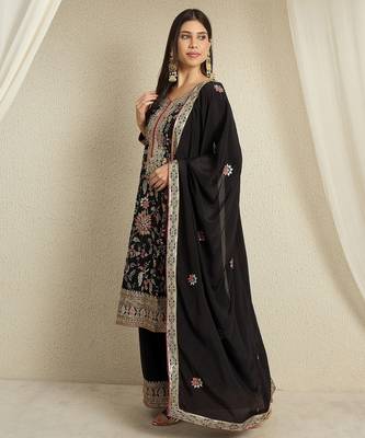 black chinon  top with bottom and dupatta full sleeve embroidered kurta palazzo set 3
