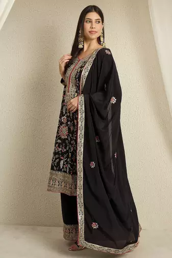 black chinon  top with bottom and dupatta full sleeve embroidered kurta palazzo set