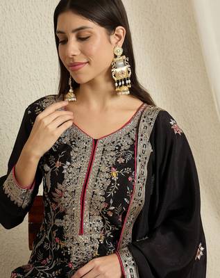 black chinon  top with bottom and dupatta full sleeve embroidered kurta palazzo set 4