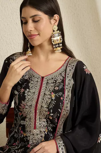 black chinon  top with bottom and dupatta full sleeve embroidered kurta palazzo set