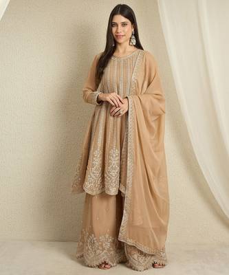 coffee georgette  top with bottom and dupatta full sleeve embroidered a-line kurta palazzo set 1
