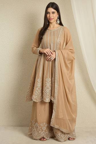 coffee georgette   top with bottom and dupatta full sleeve embroidered a-line kurta palazzo set