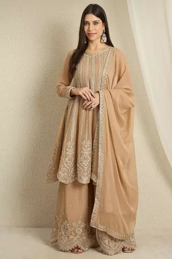 coffee georgette  top with bottom and dupatta full sleeve embroidered a-line kurta palazzo set