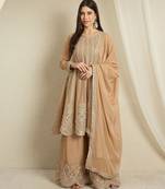coffee georgette  top with bottom and dupatta full sleeve embroidered a-line kurta palazzo set