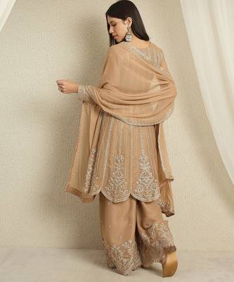 coffee georgette  top with bottom and dupatta full sleeve embroidered a-line kurta palazzo set 2
